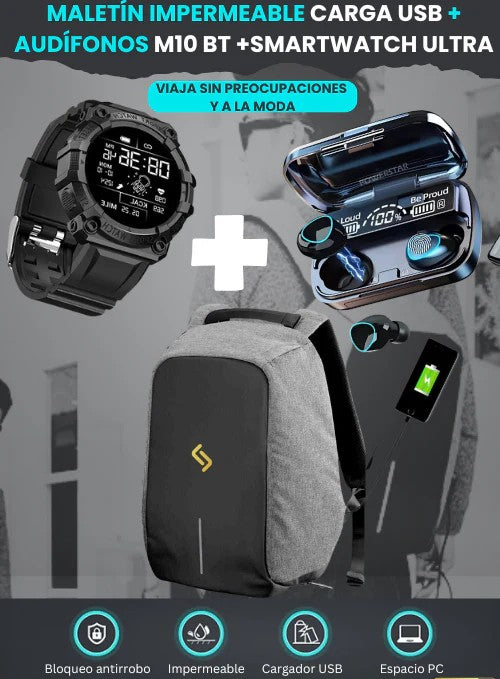 COMBO AUDIFONOS M10 + MALETA IMPERMEABLE + RELOJ SMARTH